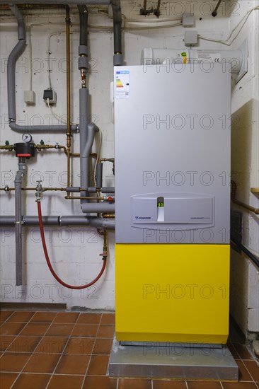 Gas boiler in basement room, insulated piping, North Rhine-Westphalia, Germany, Europe