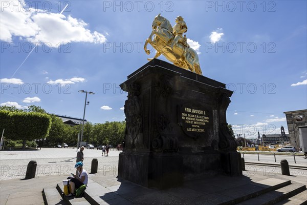 Golden Rider, August the Strong as a golden equestrian statue at the end of the main street on Neustaedter Markt, Dresden, Saxony, Germany, Europe