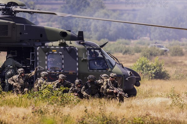 Soldiers of the Jaegerbataillo taken after rescuing casualties during a simulated combat situation at the Bundeswehr Combat Training Centre in Letzlingen, The soldiers are wearing AGDUS equipment