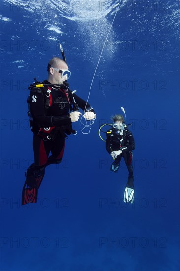 Diver, female diver, exercise, setting the safety buoy, 5th rope hold and checking diving depth with dive computer, Red Sea, Hurghada, Egypt, Africa