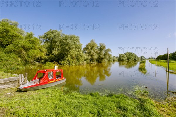Flooding after heavy rain in North Rhine-Westphalia in the nature reserve at the Grietherorter and Bienener Altrhein, road flooded, boat of the fire brigade Rees, Rees, North Rhine-Westphalia, Germany, Europe