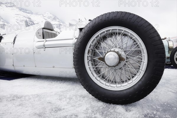 Front wheel of an Auto Union C-Type, built 1936 on the frozen lake, faithful replica from the Audi Museum, The ICE, St. Moritz, Engadine, Switzerland, Europe