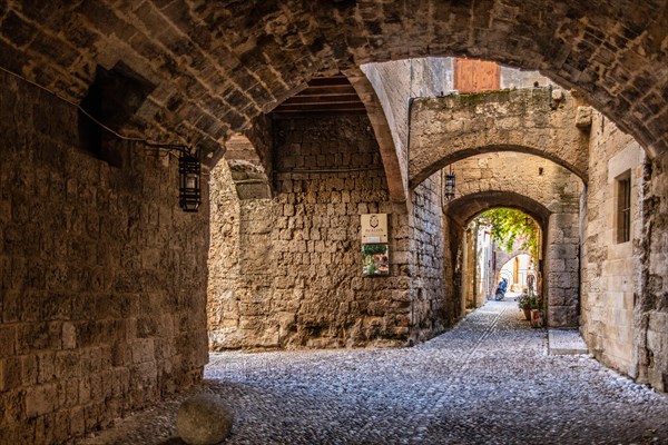 Hostel of the Spaniards, Knights Street in Old Town from the time of the Order of St. John, the only surviving 16th century street in late Gothic style, Oddos Ippoton, Rhodes Town, Greece, Europe