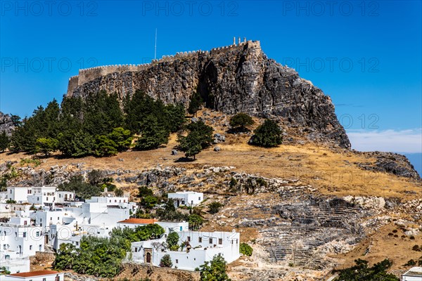 Ancient theatre from the 4th century with over 25 rows of seats for 2000 visitors, Lindos, Rhodes, Greece, Europe