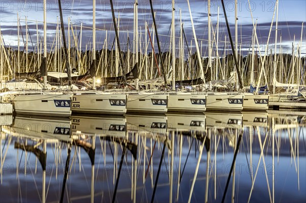 Sailing yachts moored at the jetty in Gohren harbour near Kressbronn, Lake Constance, Baden-Wuerttemberg, Germany, Europe