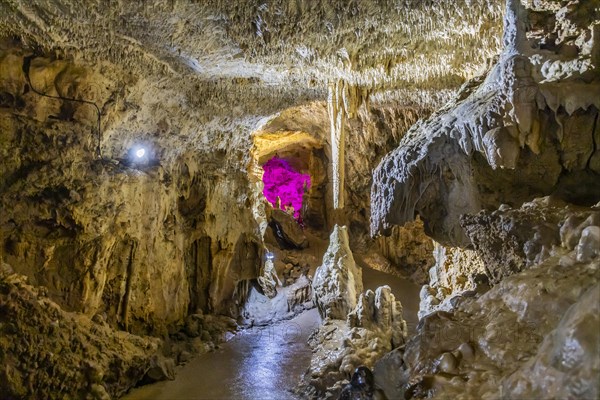 Baerenhoehle, with around 8, 000 visitors a year, the dripstone cave is the most visited show cave in the Swabian Alb, Sonnenbuehl, Baden-Wuerttemberg, Germany, Europe