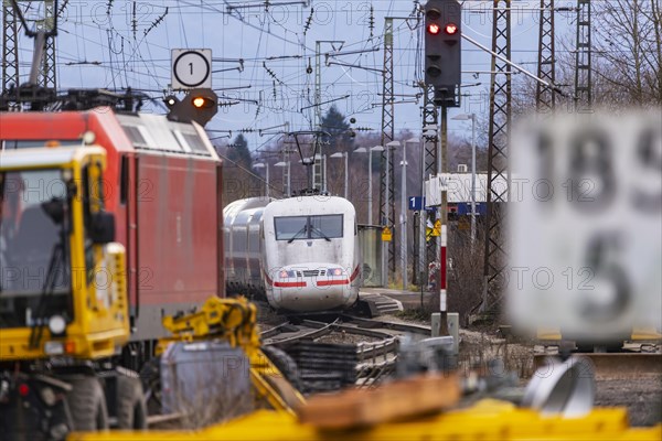 Investment in the ailing rail network, Deutsche Bahn construction site on the busy Rhine Valley line towards Switzerland, Deutsche Bahn AG InterCityExpress ICE, Riegel, Baden-Wuerttemberg, Germany, Europe