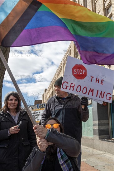 Royal Oak, Michigan USA, 11 March 2023, A small group of conservative Republicans protesting the Sidetrack Bookshops Drag Queen Story Hour were outnumbered by many hundreds of counter-protesters supporting the LGBTQ community