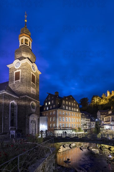 Historic Old Town Monschau, Red House and Protestant Town Church, Eifel, Northern Eifel, Monschau, North Rhine-Westphalia, North Rhine-Westphalia, Germany, Europe