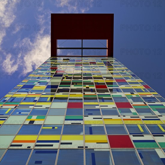 View from the colourful facade of the Colorium to the technical floor, Media Harbour, Duesseldorf, North Rhine-Westphalia, Germany, Europe