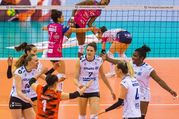 Allianz MTV Stuttgart players cheer after winning a point