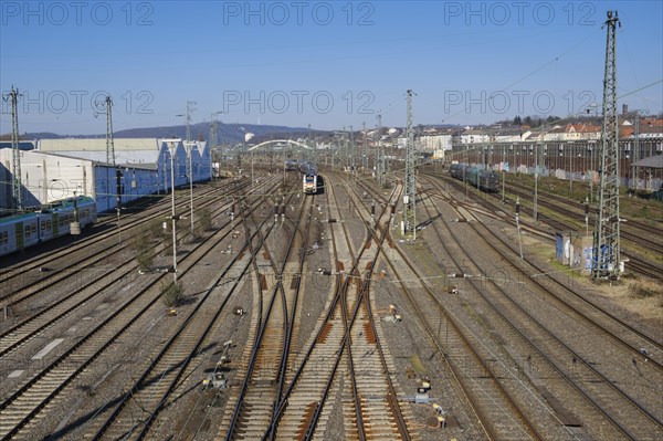 Local train and railway tracks, Hagen, Westphalia, North Rhine-Westphalia, Germany, Europe