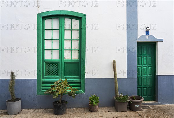 Facade detail, doors and windows on the residential buildings in Teguise, Lanzarote, Canary Islands, Spain, Europe