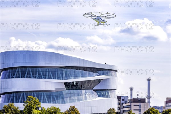 Flight taxi at the Mercedes Museum, first flight of a Velocopter over a major European city, autonomous aircraft without passenger and without pilot, Stuttgart, Baden-Wuerttemberg, Germany, Europe