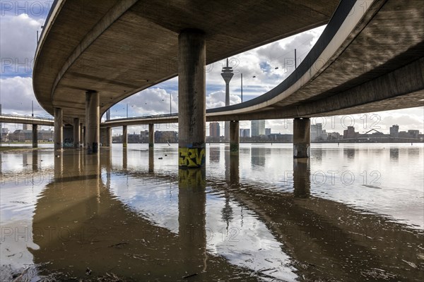 Flooding on the Rhine at the Rheinkniebruecke in Duesseldorf, flooding of the Rhine meadows, skyline, Rhine Tower, Duesseldorf, North Rhine-Westphalia, Germany, Europe