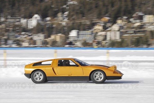 Mercedes-Benz C 111-II by Mercedes Klassik on the frozen lake, built 1970, The ICE, St. Moritz, Engadin, Switzerland, Europe