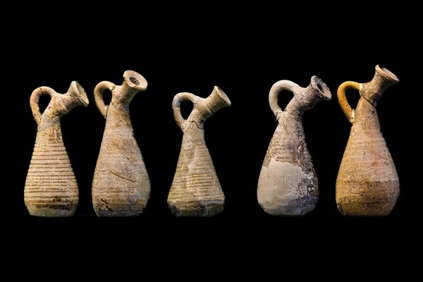 Small olive oil cans as grave goods, Lekythos, 650-600 BC, Tsampikos, Archaeological Museum in the former Order Hospital of the Knights of St John, 15th century, Old Town, Rhodes Town, Greece, Europe