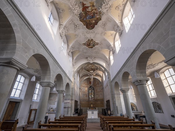 Interior with painted ceiling vault of the Catholic parish church of St. Peter and Paul, former collegiate church, Romanesque columned basilica, Unesco World Heritage Site, Niederzell on the island of Reichenau in Lake Constance, Constance district, Baden-Wuerttemberg, Germany, Europe