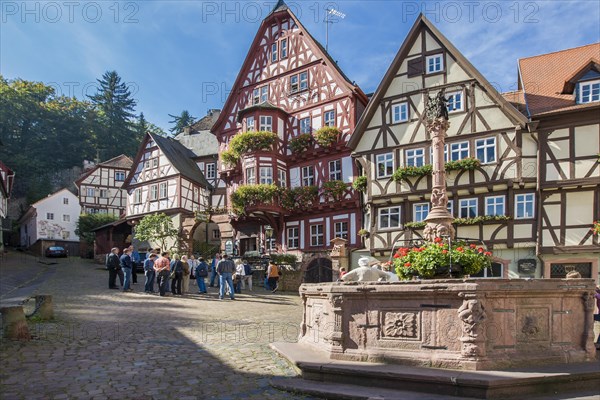 The old town of Miltenberg with the market square and market fountain, Miltenberg, Bavaria, Germany, Europe