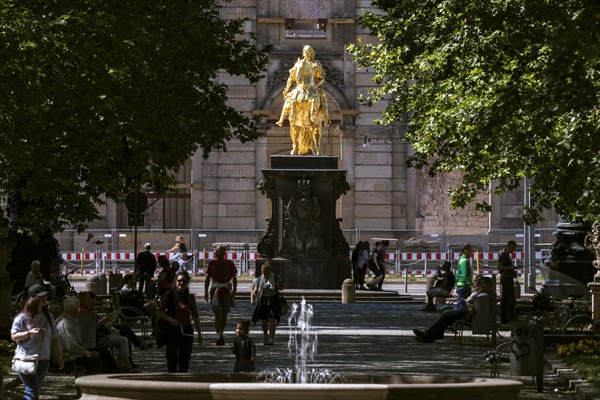 Golden Rider, August the Strong as a golden equestrian statue at the end of the main street on Neustaedter Markt, Dresden, Saxony, Germany, Europe