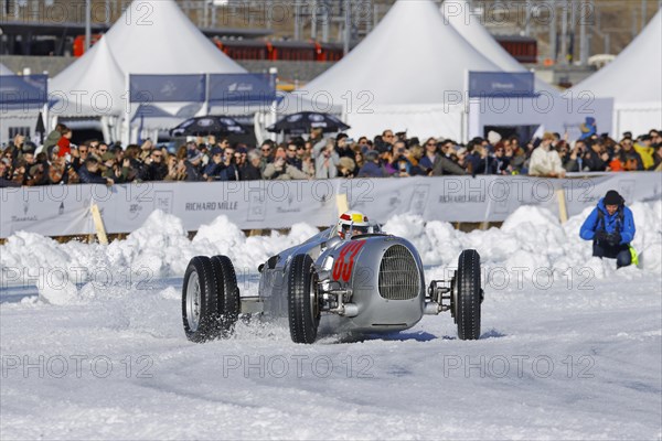 Auto Union C-Type, built 1936 on the frozen lake, faithful replica from the Audi Museum, The ICE, St. Moritz, Engadine, Switzerland, Europe