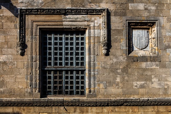 Front of French hostel, Knights Street in Old Town from the time of the Order of St. John, only surviving 16th century street in late Gothic style, Oddos Ippoton, Rhodes Town, Greece, Europe