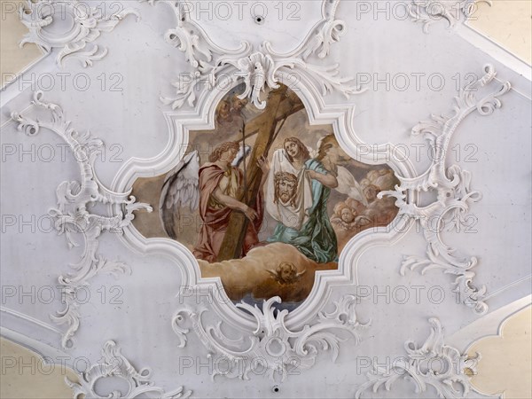 Ceiling painting in the Catholic parish church of St. Peter and Paul, former collegiate church, Romanesque columned basilica, Unesco World Heritage Site, Niederzell on the island of Reichenau in Lake Constance, Constance district, Baden-Wuerttemberg, Germany, Europe