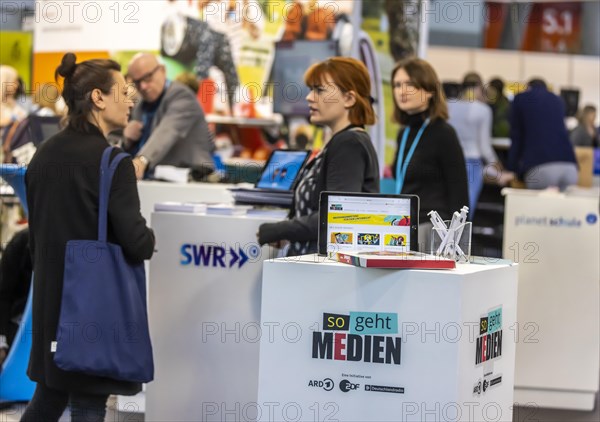 Trade fair stand of ARD, ZDF and Deutschlandradio with the initiative so geht Medien, Didacta trade fair in Stuttgart, Europes largest education trade fair. Stuttgart, Baden-Wuerttemberg, Germany, Europe