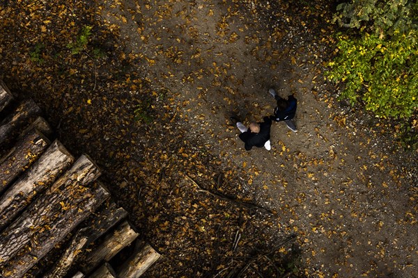 A couple walking along a forest path, photographed in Potsdam, Potsdam, Germany, Europe