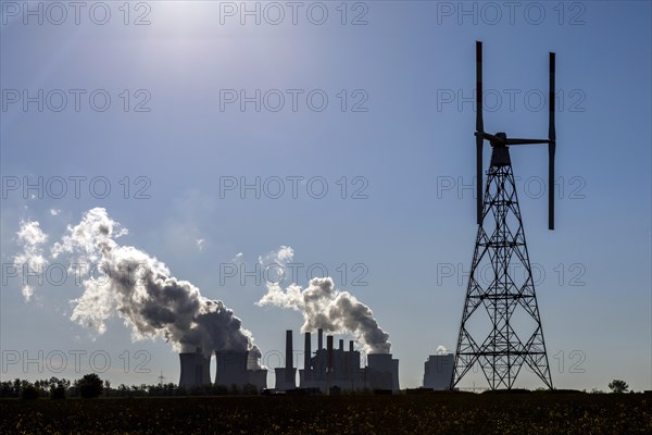 Test field for wind turbines, in the background the Frimmersdorf lignite-fired power plant, Grevenbroich, North Rhine-Westphalia, Germany, Europe