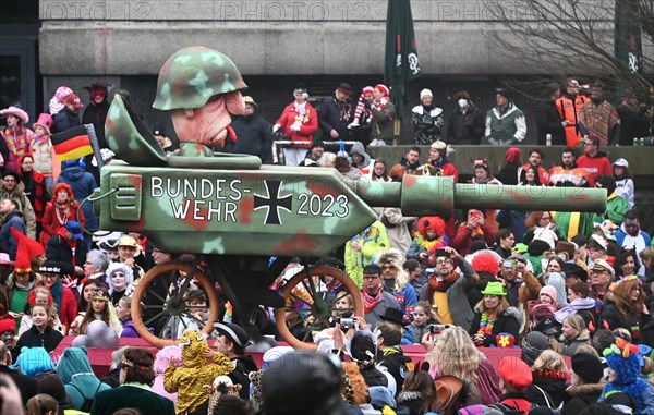 Theme float by Jaques Tilly: Bundeswehr 2023, Rosenmontagszug in Duesseldorf, North Rhine-Westphalia