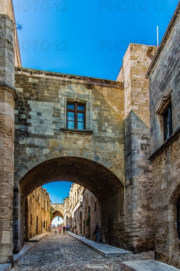 Knights Street in Old Town from the time of the Order of St. John, the only surviving 16th century street in late Gothic style, Oddos Ippoton, Rhodes Town, Greece, Europe