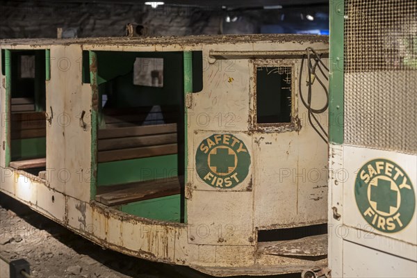 Hutchinson, Kansas, Old rail cars used in salt mining at the Strataca Underground Salt Mine Museum. Visitors can descend 650 feet and tour sections that have previously been mined. The Hutchinson Salt Company