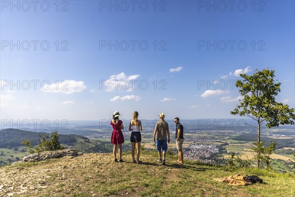 View from Breitenstein, rock plateau on the northern edge of the Swabian Alb, Bissingen an der Teck, Baden-Wuerttemberg, Germany, Europe