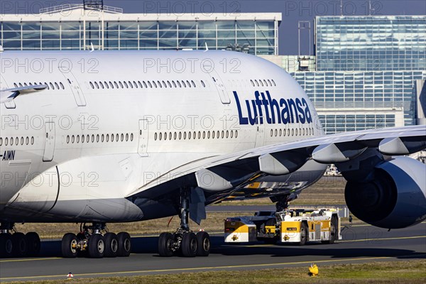 Lufthansa Airbus A380-800 with the name Germany, taxiway at the airport terminal, Frankfurt am Main, Hesse, Germany, Europe