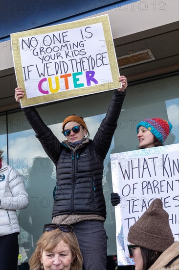 Royal Oak, Michigan USA, 11 March 2023, A small group of conservative Republicans protesting the Sidetrack Bookshops Drag Queen Story Hour were outnumbered by many hundreds of counter-protesters supporting the LGBTQ community