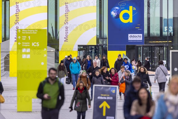 The Didacta trade fair is Europes largest education trade fair, crowds of visitors at the entrance to the exhibition halls, target groups are teachers and trainers at kindergartens, schools and universities. Stuttgart, Baden-Wuerttemberg, Germany, Europe