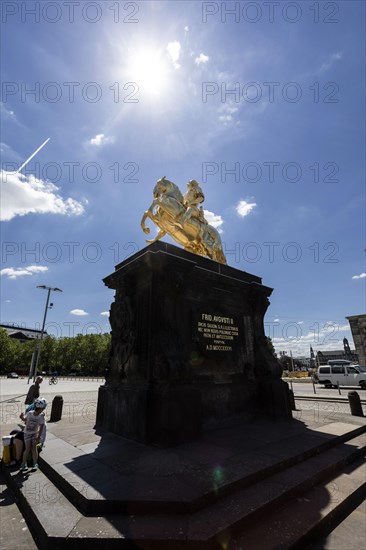 Golden Rider, August the Strong as a golden equestrian statue at the end of the main street on Neustaedter Markt, Dresden, Saxony, Germany, Europe