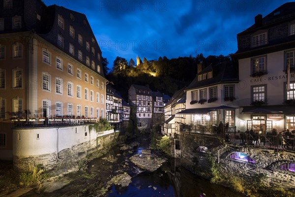 Historic Old Town Monschau in the Evening, Haller Ruin, Medieval Castle, Eifel, Northern Eifel, Monschau, North Rhine-Westphalia, North Rhine-Westphalia, Germany, Europe