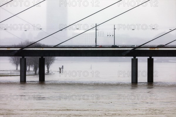 High water on the Rhine in Duesseldorf, view of the Rheinkniebruecke, Duesseldorf, North Rhine-Westphalia, Germany, Europe