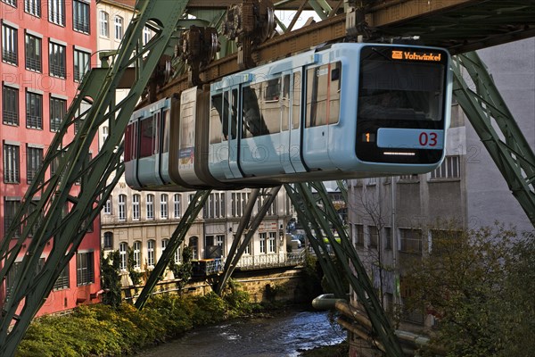 Moving suspension railway over the river Wupper in Elberfeld, Wuppertal, Bergisches Land, North Rhine-Westphalia, Germany, Europe