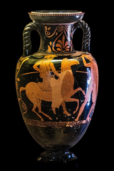 Amphora of the Cassel Artists, Amazon on horseback attacks a warrior, 450 BC, Tsampikou, Archaeological Museum in the former Order Hospital of the Knights of St John, 15th century, Old Town, Rhodes Town, Greece, Europe