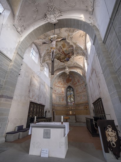 Interior with painted ceiling vault of the Catholic parish church of St. Peter and Paul, former collegiate church, Romanesque columned basilica, Unesco World Heritage Site, Niederzell on the island of Reichenau in Lake Constance, Constance district, Baden-Wuerttemberg, Germany, Europe