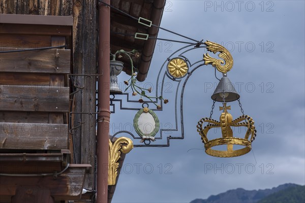 Gilded crown, nose shield from the Krone Inn, Bad Hindelang, Allgaeu, Bavaria, Germany, Europe