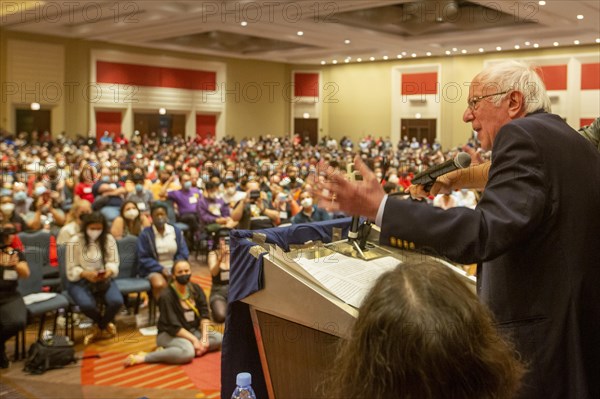 Chicago, Illinois, Senator Bernie Sanders speaks to union activists at the 2022 Labor Notes conference. Four thousand rank and file unionists from across the United States and beyond attended the conference, discussing how to continue and expand the current upsurge in the labor movement