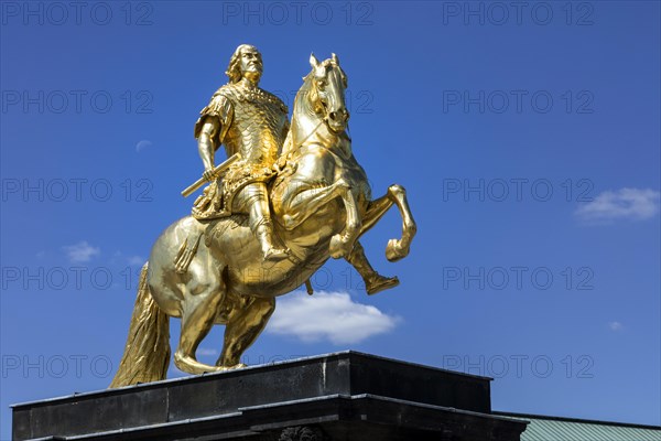 Golden Rider, August the Strong as a golden equestrian statue at the end of the main street on Neustaedter Markt, Dresden, Saxony, Germany, Europe