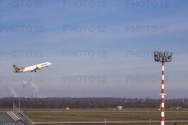 Taking off aircraft - Airport International, AirportDuesseldorf, Condor, airline, charter plane, Duesseldorf, North Rhine-Westphalia, Germany, Europe
