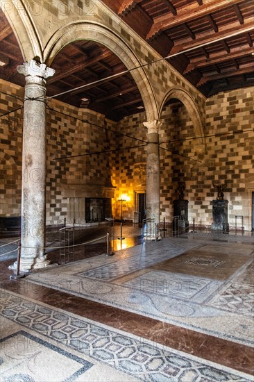 Palace hall with mosaic floor, Grand Masters Palace built in the 14th century by the Johnnite Order, fortress and palace for the Grand Master, UNESCO World Heritage Site, Old Town, Rhodes Town, Greece, Europe