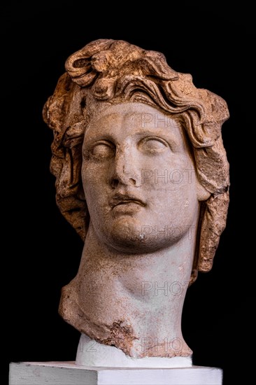 Head of Helios, the state god of the island in the image of Alexander the Great, middle Hellenistic period, Archaeological Museum in the former Order Hospital of the Knights of St. John, 15th century, Old Town, Rhodes Town, Greece, Europe
