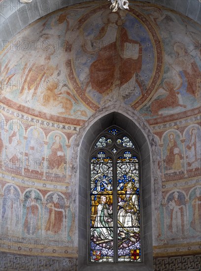 Church windows and apse paintings from the late 11th century in the Catholic parish church of St. Peter and Paul, former collegiate church, Romanesque columned basilica, Unesco World Heritage Site, Niederzell on the island of Reichenau in Lake Constance, Constance district, Baden-Wuerttemberg, Germany, Europe